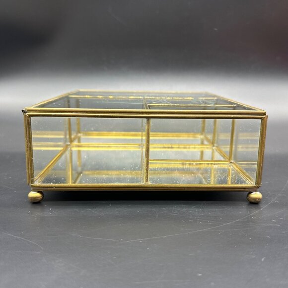 Vintage Glass Mirrored Jewelry Box Brass Etched Floral Mexico Storage Vanity - Picture 4 of 13